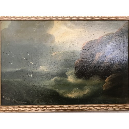 1349 - E. K. Redmoore, a pair of oil paintings on board. Stormy coastal scene 15 x 23cms and a sailboat in ... 