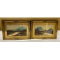 Two oil paintings on board of mountain scenes in gilt frames. 25 x 45cms.