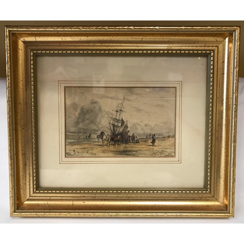 1354 - A Maud Hollyer small gilt framed watercolour of coastal beach scene with sail ship, horse and cart a... 