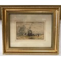 A Maud Hollyer small gilt framed watercolour of coastal beach scene with sail ship, horse and cart a... 