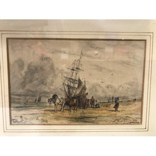 1354 - A Maud Hollyer small gilt framed watercolour of coastal beach scene with sail ship, horse and cart a... 