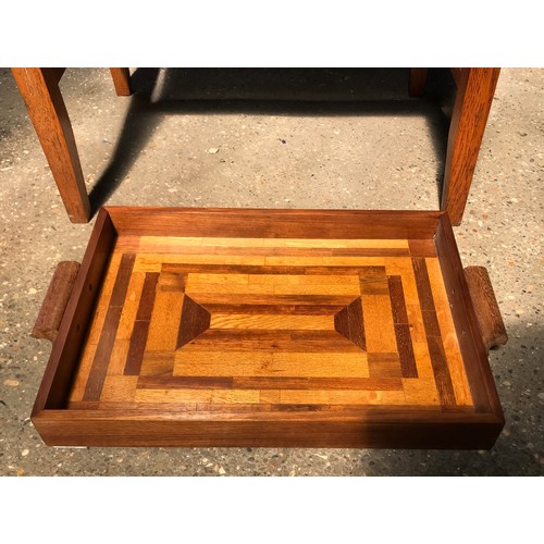 1361 - An oak side table with woodblock inlay to the top 59cms w x 42cmd x 61.5cm h and a tray with wood bl... 