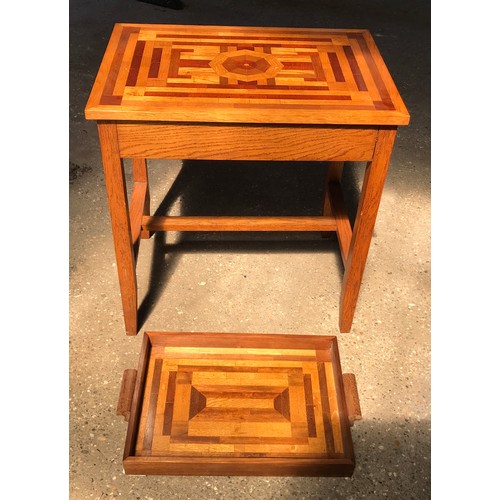 1361 - An oak side table with woodblock inlay to the top 59cms w x 42cmd x 61.5cm h and a tray with wood bl... 