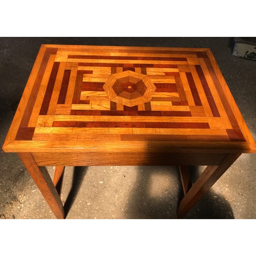 1361 - An oak side table with woodblock inlay to the top 59cms w x 42cmd x 61.5cm h and a tray with wood bl... 