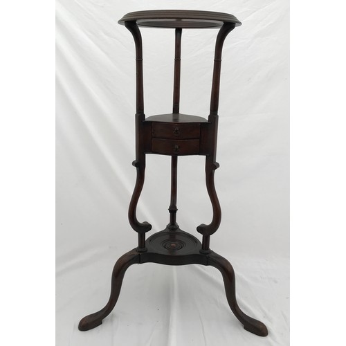 1368 - A mahogany circular washstand with two small drawers and tripod cabriole legs. 79cm h x 49cm w at fe... 