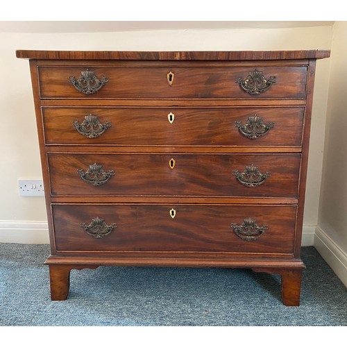 1369 - Early 19thC mahogany chest of 4 graduated drawers with ivory escutcheons on bracket feet. 98 w x 48 ... 