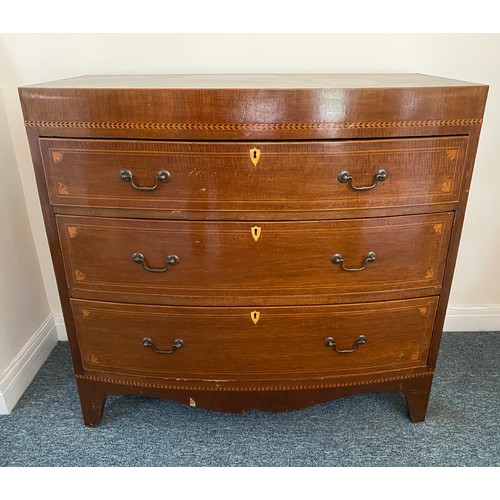 1370 - A 19thC mahogany and inlaid bowfront chest of drawers. 3 graduated long drawers. 101 w x 51 d x 96cm... 