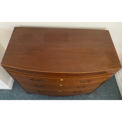 1370 - A 19thC mahogany and inlaid bowfront chest of drawers. 3 graduated long drawers. 101 w x 51 d x 96cm... 