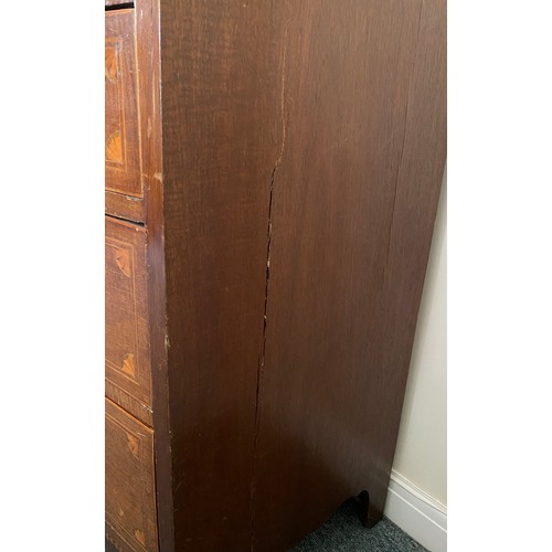 1370 - A 19thC mahogany and inlaid bowfront chest of drawers. 3 graduated long drawers. 101 w x 51 d x 96cm... 