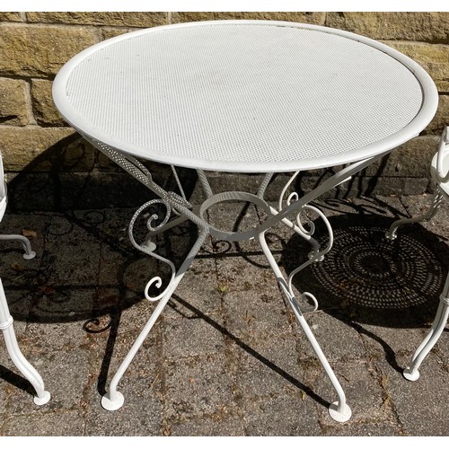 1551 - A French vintage metal table and two armchairs.