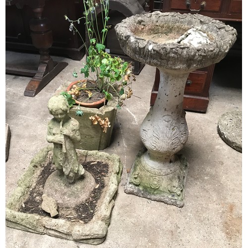 1565 - Three garden ornaments to include concrete bird bath 73cms h, planter 30cms h and a figure with a fl... 