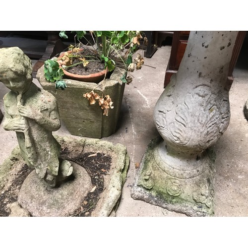 1565 - Three garden ornaments to include concrete bird bath 73cms h, planter 30cms h and a figure with a fl... 