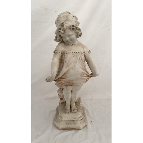 1569 - A plaster garden ornament of a young girl holding her dress. 59cms h x 18cms w base x 19cms l base.