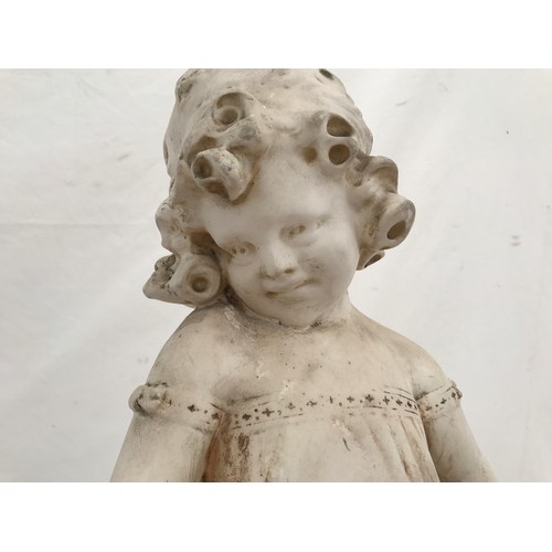 1569 - A plaster garden ornament of a young girl holding her dress. 59cms h x 18cms w base x 19cms l base.