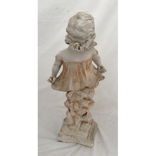 1569 - A plaster garden ornament of a young girl holding her dress. 59cms h x 18cms w base x 19cms l base.