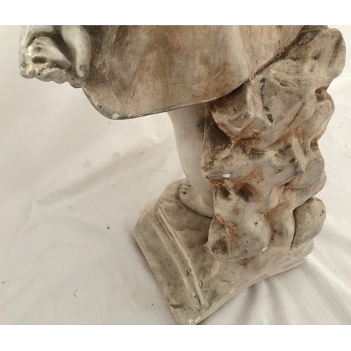 1569 - A plaster garden ornament of a young girl holding her dress. 59cms h x 18cms w base x 19cms l base.