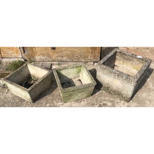 1571 - A pair of concrete square planters 32cms x 19cms  and a larger planter 36cms x 28cms.