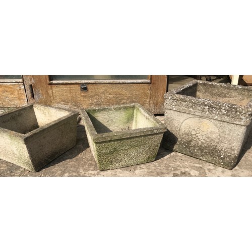 1571 - A pair of concrete square planters 32cms x 19cms  and a larger planter 36cms x 28cms.