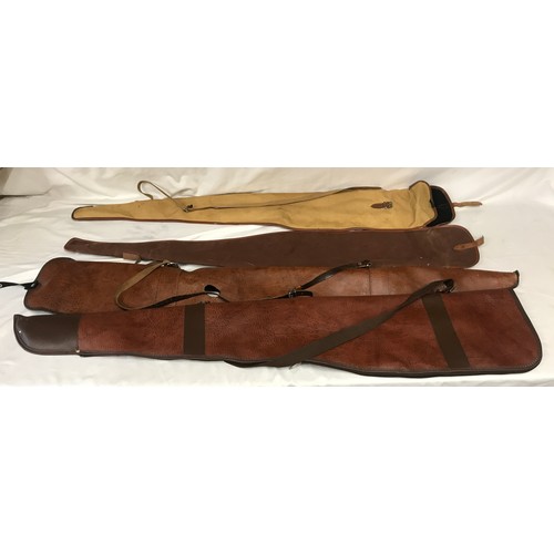 886 - Four gun cases, 2 brown leather, one fur lined, approx 120cms l and 2 canvas, 110cms and 115cms l.