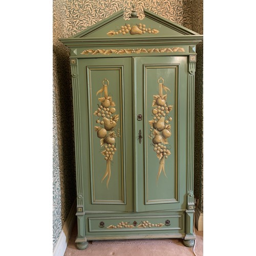 772 - A Mark Rowan hand painted pine armoire. Shelves to interior and drawers to base, depicting panels of... 