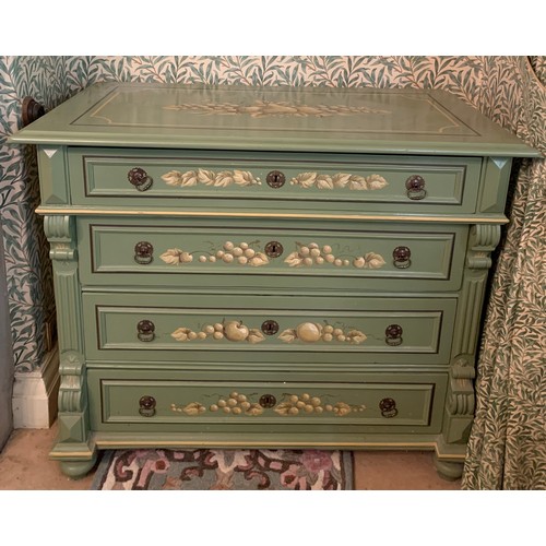 773 - A Mark Rowan hand painted pine secretaire chest of drawers, depicting panels of fruit. 107 w x 57 d ... 