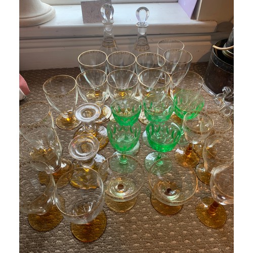 96 - Glassware to include 18thC Georgian decanters, green glasses etc.