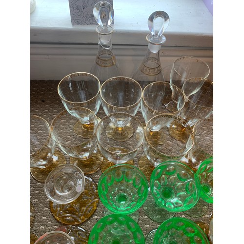 96 - Glassware to include 18thC Georgian decanters, green glasses etc.