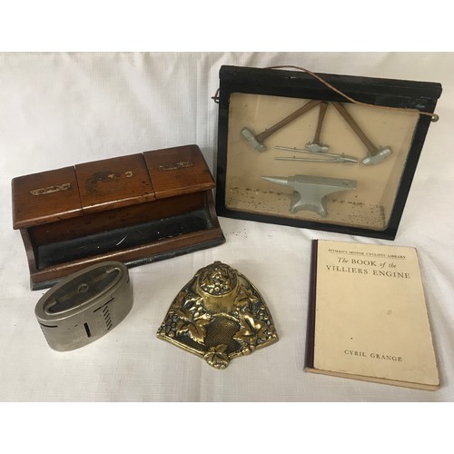 574 - A miscellany to include an oak inkwell and pen stand 24cms w x 12cms d x 7cms h, a brass inkwell wit... 