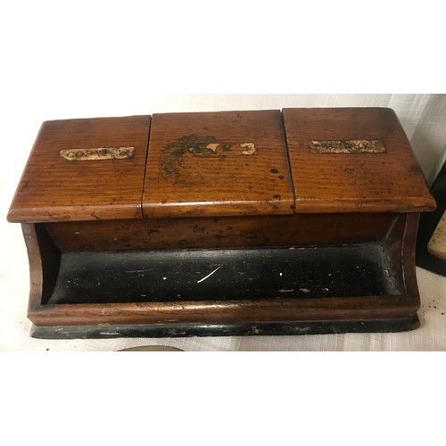 574 - A miscellany to include an oak inkwell and pen stand 24cms w x 12cms d x 7cms h, a brass inkwell wit... 