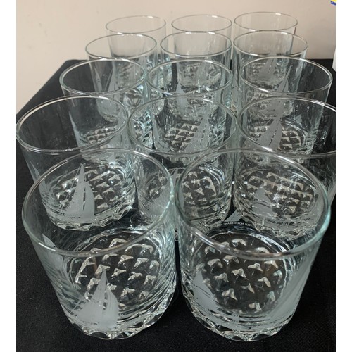 103 - Fourteen glass tumblers True North-Franc Nord, etched with sailing ships.