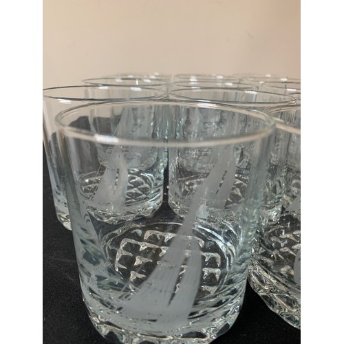 103 - Fourteen glass tumblers True North-Franc Nord, etched with sailing ships.