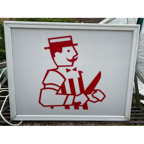 600 - An illuminated sign from a local butchers. 70 w x 17 d x 77cms h.