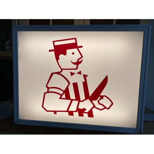 600 - An illuminated sign from a local butchers. 70 w x 17 d x 77cms h.