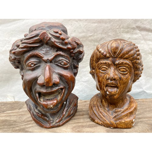 603 - Five plaster chemist gaper display heads. 20cms tallest.