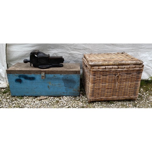 817 - A wicker basket, toolbox and Samsonia vice. Toolbox 84 w x 31 d x 34cms h.