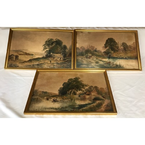 689 - Set of three gilt framed watercolours. C J Keats 19thC canal scenes with horse drawn narrowboats, co... 