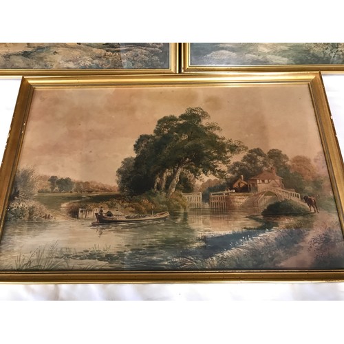 689 - Set of three gilt framed watercolours. C J Keats 19thC canal scenes with horse drawn narrowboats, co... 