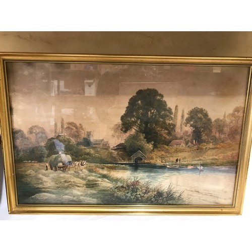 689 - Set of three gilt framed watercolours. C J Keats 19thC canal scenes with horse drawn narrowboats, co... 