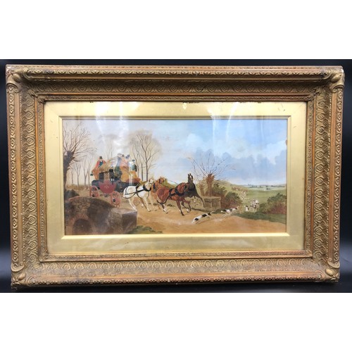 691 - Gilt framed painting, Coach and Hunt scene, Hunting pack crossing path of stage coach, signed to the... 