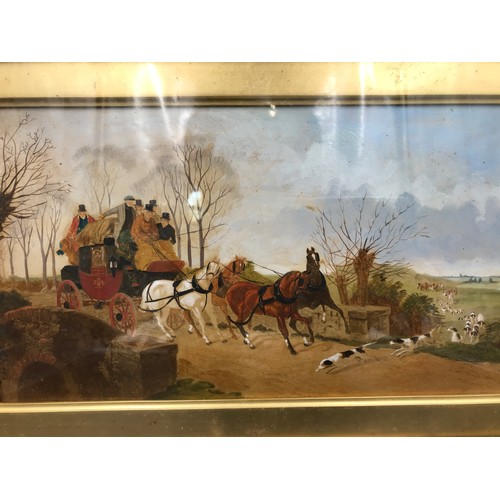 691 - Gilt framed painting, Coach and Hunt scene, Hunting pack crossing path of stage coach, signed to the... 