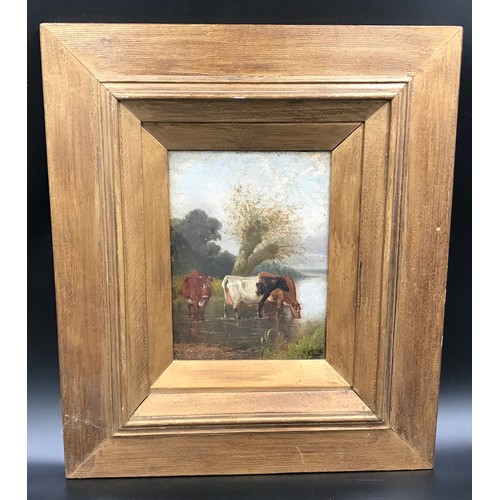 693 - A 19thC oil painting on canvas. Cattle in Water Meadow, initials signed L.R. 20cms h x 15.5cms w can... 