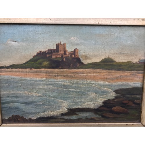 694 - Victorian oil painting on canvas in a gilt frame. Bamburgh Castle, signed W P. 23cms h x 33cms w can... 