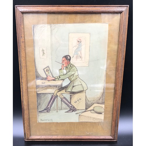 696 - Framed WW I cartoon drawing, signed Brandon Stuart, Officer with portrait of young lady, picture siz... 