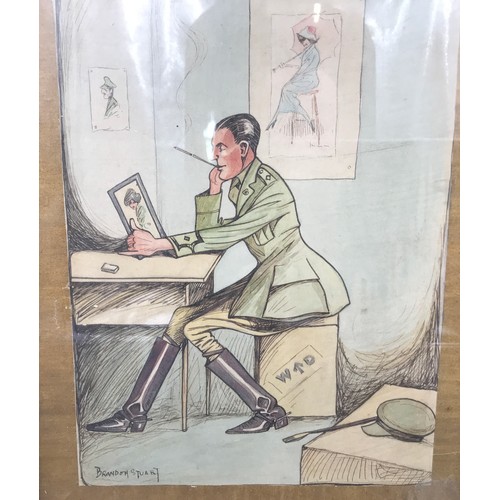 696 - Framed WW I cartoon drawing, signed Brandon Stuart, Officer with portrait of young lady, picture siz... 