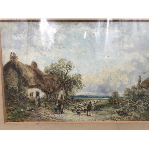 697 - Framed watercolour signed W Manners. Thatched Country Cottage scene with figures and sheep, picture ... 