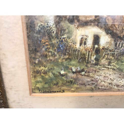 697 - Framed watercolour signed W Manners. Thatched Country Cottage scene with figures and sheep, picture ... 