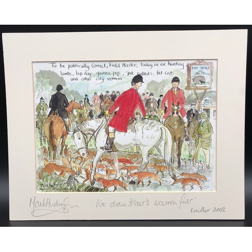 698 - Pen and ink humorous print, Hunt Scene, 'We Draw Blair's Warren Fist', signed to the border by the a... 