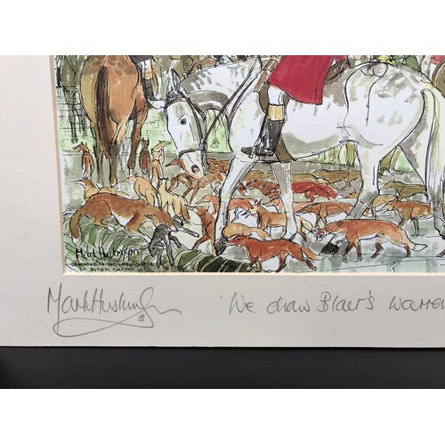 698 - Pen and ink humorous print, Hunt Scene, 'We Draw Blair's Warren Fist', signed to the border by the a... 