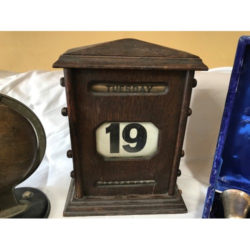 595 - Mixed selection, oak desk calendar 27cms h, Chad Valley tinplate globe 20cms h, pine cutlery tray 30... 