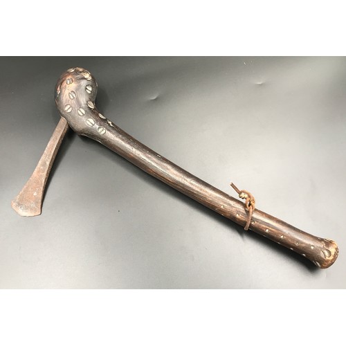 597 - African tribal axe, carved wooden handle with metal blade, 40cms l.